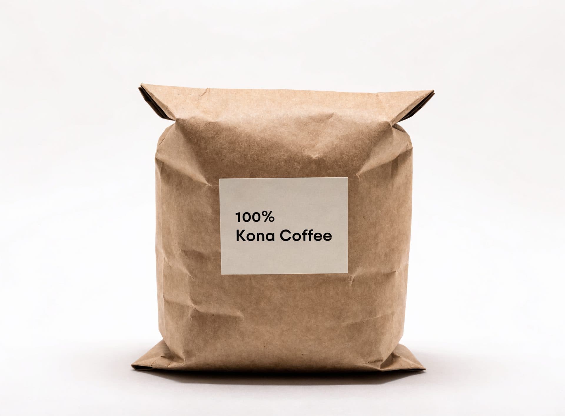 Kraft bag with identity line 100% Kona Coffee, illustration — not a named farm.